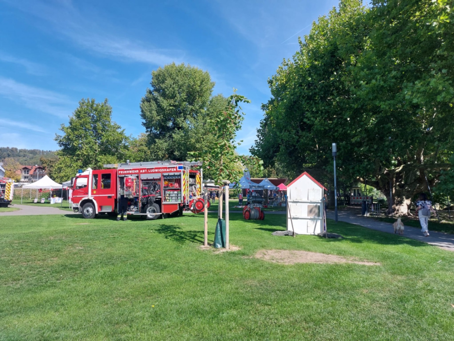 Ein rotes Feuerwehrfahrzeug der Abteilung Ludwigshafen steht bei Sonnenschein auf der Rasenfläche im Uferpark, dahinter Zelte und Stände des Aktionstags.